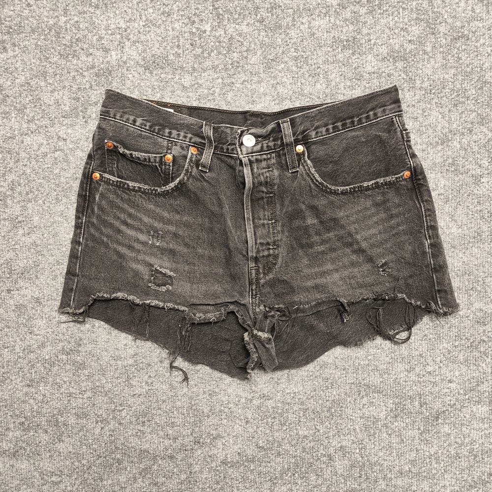 Levis 501 Denim Shorts Womens W30 Gray Button Fly Distressed Cutoff Raw Hem